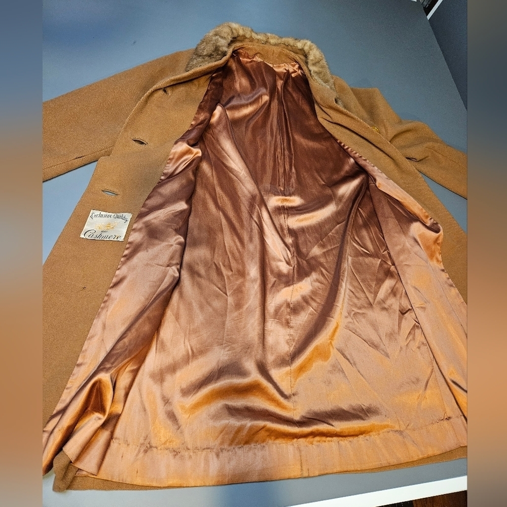 Cashmere Fur Collar 50s/60sVintage Camel Swing Coat Large, Size 10/12 - Picture 14 of 17